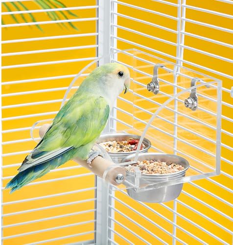 Bird Cage Seed Catcher Feeder with Perch Anti-Slip Stand, Parrot Food Bowl - size: S
