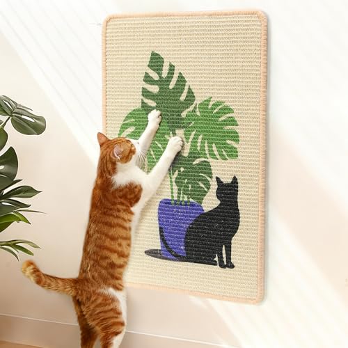 FUKUMARU Sisal Cat Scratching Mat, 23.6 x 15.7 Inch Cat Scratch Pad Wall - color: Monstera-23.6 x 15.7 Inch