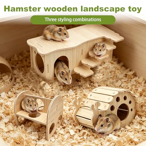 3 Pcs Wooden Hamster Platform Set,Snail‑Shaped Hideout with Climbing Ladder - color: N