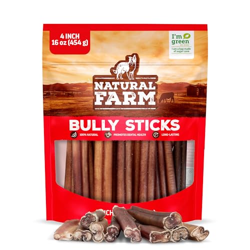 Natural Farm Odor-Free Bully Sticks (4”, 16oz) All-Natural Long-Lasting Chews, 100% Beef Pizzle, Grass-Fed, Grain-Free, Hormone-Free, Protein for Muscle Development & Energy, Perfect for Small Dogs - size: 4" Standard - 16 Ounce