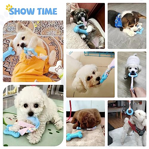 BAEJMJK 6 Pack Puppy Teething Toys Blue Small Breed Dog Chew Toys with Rope Cute Plush Squeaky Dog Toys Soft Rubber Puppy Toys Set for Cleaning Teeth Interactive Pet Doggy Bone Toys - color: Blue