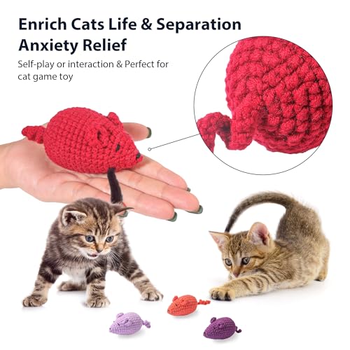 Catnip Toys Crochet Mouse, 6 Pcs Yarn Cat Nip Mice Safe Teeth Cleaning Chew Toy for Indoor Kittens Kitty, Adult Cats Interactive Catnip Cat Kicker Toys Anxiety Relief - size: 6pcs