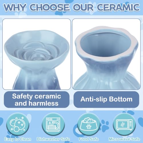 2 Pcs Slow Feeder Cat Bowl, Ceramic Flower Pet Dish, 5.71 Inch Gradient Blue and Teal Cat Slow Feeder Bowl for Dry Meals, Wet Meals and Everyday Feeding - color: Light Blue and Teal