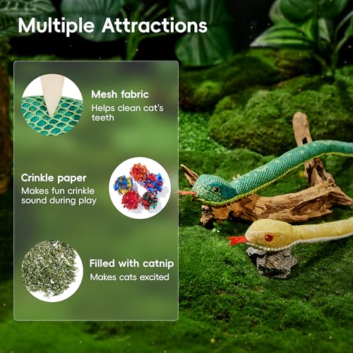 Potaroma Cat Toys Realistic Snake Catnip Crinkly Sound Toy 2 Pcs for Halloween, Mesh Fabric for Teeth Cleaning, Interactive Kicker Toys for Indoor Kitten Exercise 20 Inches - size: 20 Inches