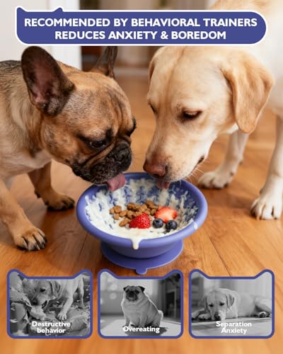 Dog Lick Bowl, Non-Slip Slow Feeder Licking Mat & Treat Dispenser (Wide Bowl Mouth w/Inlaid Stainless Steel Ring) - Interactive Toys, Anxiety Reducer, Freeze Bone for Dogs, BPA Free Silicone - color: Purple+Orang