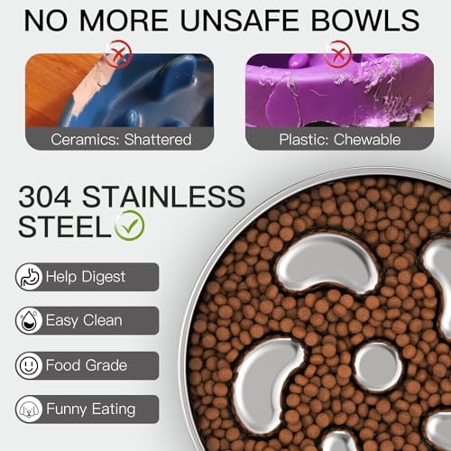 Feedoo Slow Feeder Dog Bowl-2Cups for Medium Breeds, Double-Layer Stainless Steel, Heavy-Duty with Non-Slip Rubber Base, Puzzle Maze Bowl to Slow Down Eating [2Pack] - color: Spiral-2Pack, size: M 2~2.5Cups