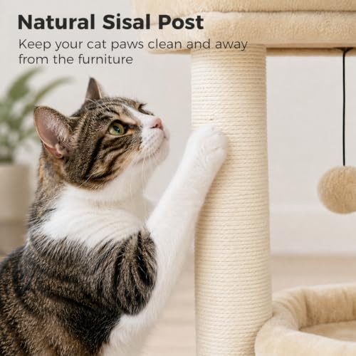PEQULTI Small Cat Tree Tower for Indoor Cats, Sisal Post & Cozy Condo Beige - color: Beige, size: M(15.7"L x 15.7"W x 26.7"H)