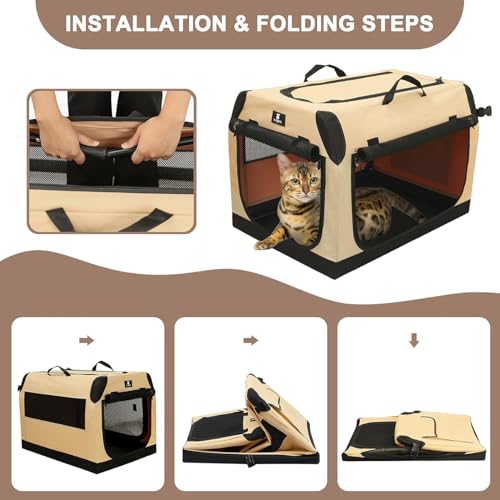 X-ZONE PET 3-Door Portable Soft-Sided Folding Soft Dog Travel Crate Collapsible Pet Kennel,XX-Large, 40 x 27 x 27 Inches,Tan - size: 40.0"L x 27.0"W x 27.0"H