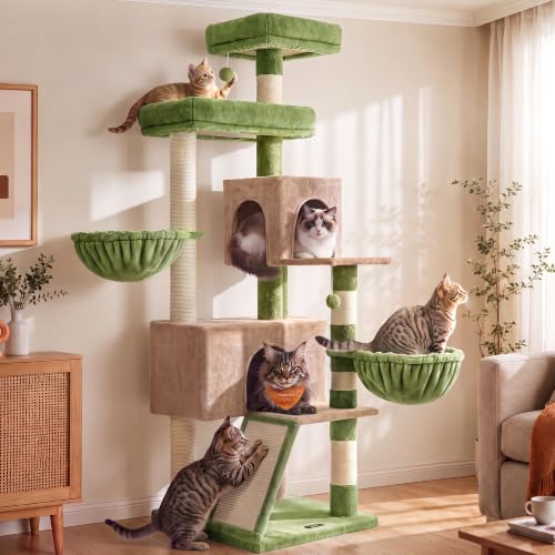 Feandrea Cat Tree, 68.5-in Tall Cat Tower, Multi-Level Condo, Green - color: Green