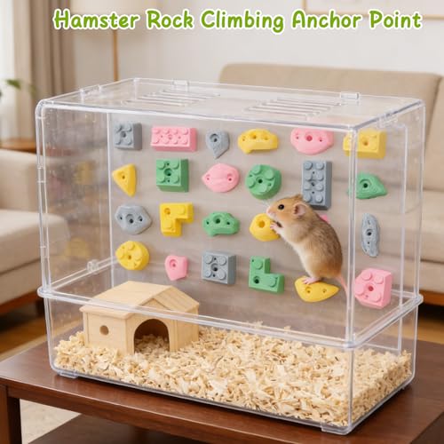 Hamster Climbing Wall Toys, DIY Colorful Rock with Traceless Adhesive, Small Animal Cage Accessories & Exercise Enrichment for Syrian, Dwarf Hamsters, Gerbils, Guinea Pigs (Random 12 pcs)
