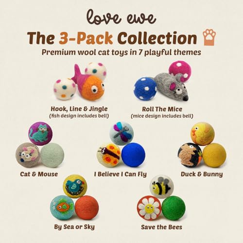 Love Ewe Wool Cat Toys Ball 3 Pack, 2-inch Flower and Bee - color: Flower/Bee