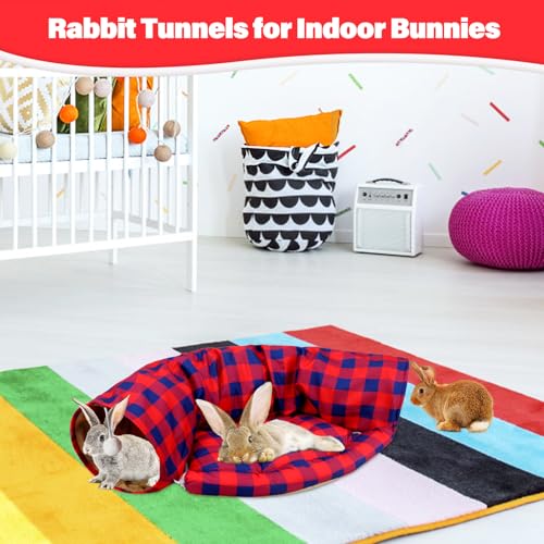 BWOGUE Bunny Tunnel Bed, 2-in-1 Collapsible Rabbit Tunnel Hideout with Mat - color: RedPlaid