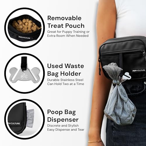 Pup Culture Dog Treat Pouch with Poop Bag Dispenser and Removable Treat Pouch | Cross Body Dog Walking Bag | The Perfect Puppy Training Tool and Even Better Gift - color: Black