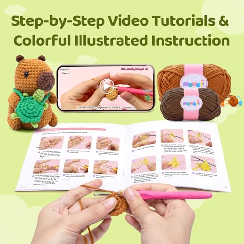 Mewaii Capybara Crochet Kit for Beginners, 40% Extra Yarn - color: Brown and Dark Green