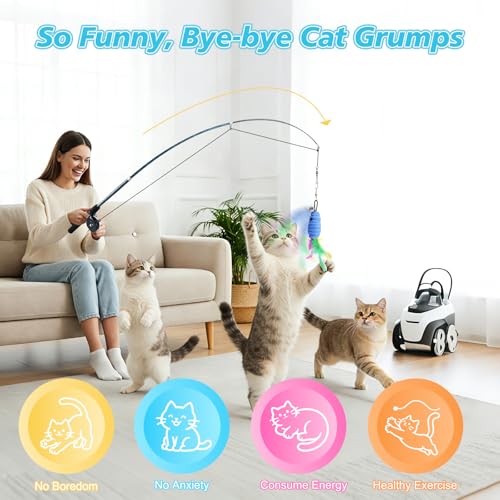 Pawaboo Cat Teaser Wand Toys, Cat Fishing Pole Toy with 3 PCS Feathers - color: Plush-Blue