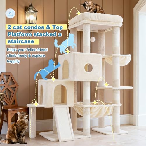 Hey-brother Cat Tree Tower with Plush Steped Condos, Big Platform, MPJ071M - color: Beige, size: 50 inches