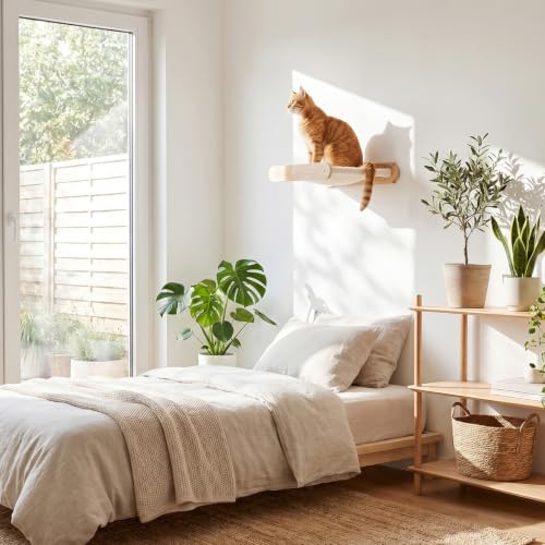 HOOBRO Wooden Cat Hammock with Soft Fabric, Cat Shelves & Furniture, Wall Mounted Cat Beds and Perches for Lounging, Playing, Sleeping, Holds up to 40 lb, Easy to Install, Natural NL03CS03N2