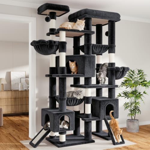 SHA CERLIN 87 in Multi-Level Tall Cat Tree Tower for Large Cats/Extra Wide Feline Activity Center/Sisal Scratching Posts/Wide Base/Cozy Plush Perches/Baskets/Hammocks/Toy Balls/Dark Grey - color: Dark Grey