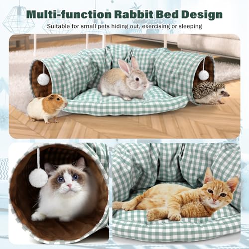 BWOGUE Bunny Tunnel Bed, 2-in-1Collapsible Rabbit Tunnel Hideout with Mat - color: GreenPlaid