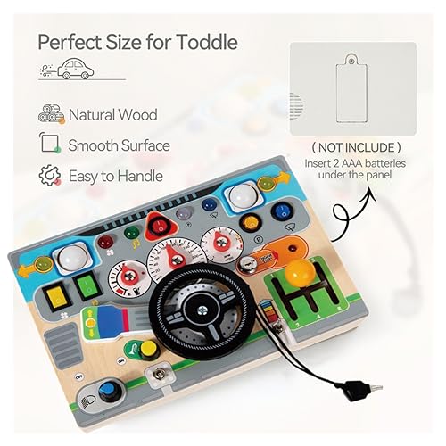 Wooden Montessori Busy Board for Toddlers 4-8 - Wooden Dashboard Steering Wheel Toy， Fine Motor Skill Development Toy for Kids 3-6， Educational Pretend Driving Busy Board for Boys & Girls
