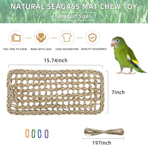 Bird Seagrass Mat 16 × 7" Parrot Natural Grass Woven Net Hammock Parakeet Climbing Rope Ladder Mat Chew Toys Cage Accessories for Pigeon Cockatiel Conure Budgie Cockatoo Rat Hamster - size: 1Pc 16" × 7"