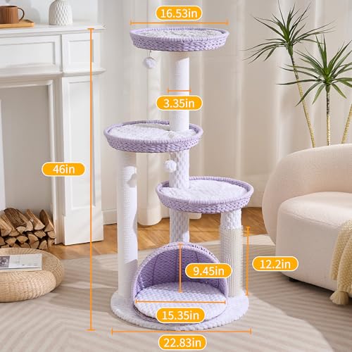 HITTITE Modern Cat Tree Tower with Scratching Post, 46 Inches Tall Cat Towers with Woven Cat Nests and Cave, Multi-Level Cat Tree With Removable Cushions and Massage Brush for Indoor Cats Large Adult. - color: 46"-Purple