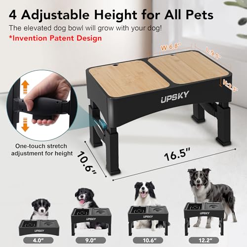 UPSKY 3-in-1 Elevated Dog Bowl with 2Pcs Lids, 4 Height Adjustable, Black - color: Black