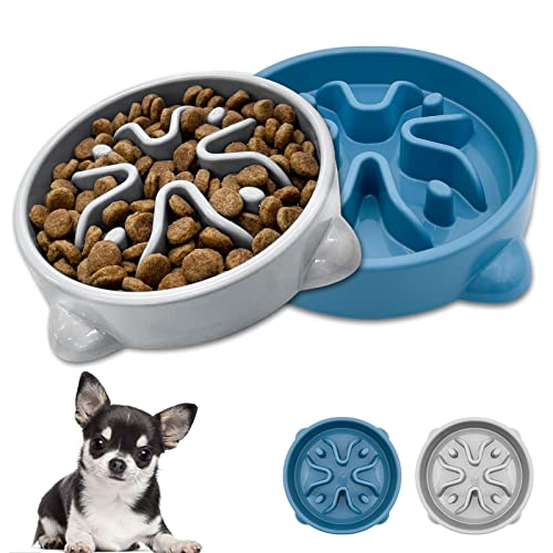 VANNON 2 Pack Slow Feeder Dog Bowls Non Slip Puppy Bowl Durable Dog Puzzle Feeder Bloat Stop Food Bowls for Puppy and Small Dogs, BPA Free, 1 Cup - color: A-Blue & Grey-Small-1Cup