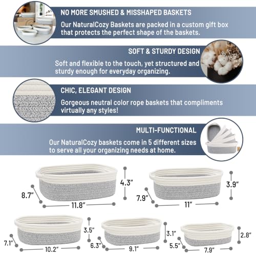NaturalCozy 5-Piece Rectangle Storage Basket Set- Natural Cotton Rope Woven Baskets for Organizing! Small Basket for Montessori, Baby Nursery, Dog Toy Baskets, Cat Toy Box, Bathroom Organization Bin - color: Off White & Mixed Gray