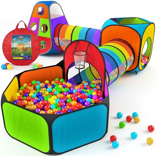 Playz 5pc Pop Up Play Tent and Crawl Through Tunnels for Kids w/Carry Bag - color: Rainbow Multicolor