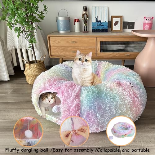 Cat Bed Tunnel Tube Toy Rainbow Plush - color: Colorful Plush