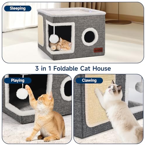 Shikha Cat House Bed for Indoor Cats with Fluffy Ball and Scratch Pad Grey - color: Grey, size: Large
