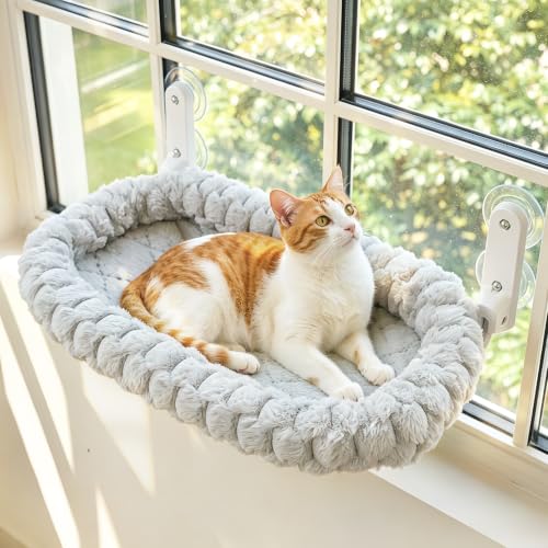 AMOSIJOY Foldable Cat Window Perch with Cloud-Soft Cushion Bed, L Gray - color: Gray Bubble Cushion Bed, size: Large