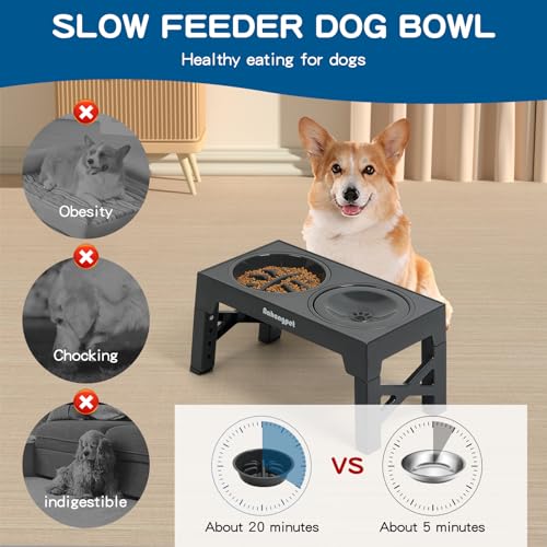 3-in-1 Elevated Slow Feeder Dog Bowls for Food and Water, 5 Heights Adjustable Raised Dog Bowls, Non-Slip, No Spill, for Small Medium Large Dogs and Cats(Grey) - color: 3Pcs-Grey
