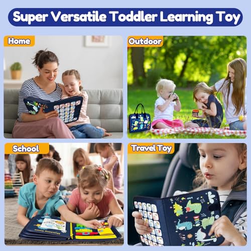 Qizfun Toddler Busy Board Montessori Toys – Sensory Busy Book, Educational Learning Travel Toy for Airplane & Car, Keeps Toddlers Entertained, Birthday Gifts for Toddler Boys Girls (Blue/P8) - style: Blue Dino/P8