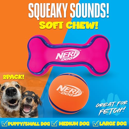 Nerf Dog 2.5in Latex Squeak Ball and 5in Latex Squeak Bone 2-Pack -Pink/Blue and Orange/Blue - size: Medium