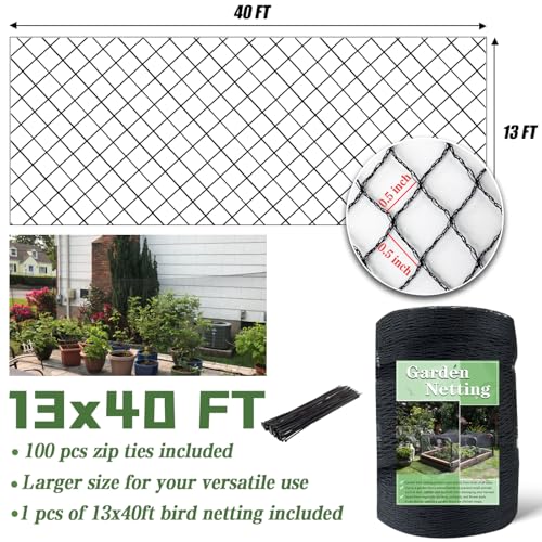 13 x 40 FT Bird Netting, 1/2" Mesh Garden Netting, 50PCS Zip Ties - size: 13 x 40 FT