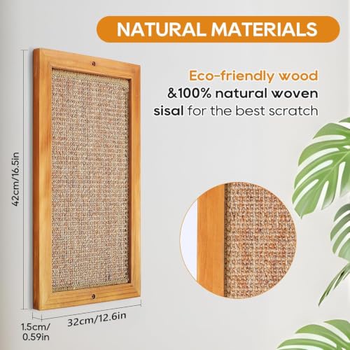 Wooden Sisal Cat Scratching Post, Wall & Floor Mount Vertical Cat Scratch Pad for Indoor Kittens Adult Cats, Durable Cat Wall Scratcher Furniture Protector Cat Toy