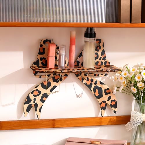 Pinkunn 2 Pcs Brown Leopard Bow Wall Shelves Floating, Wooden