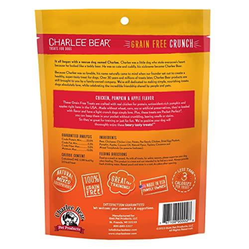 Charlee Bear Crunch Grain Free Dog Treats, Chicken,Pumpkin and Apple, 8 Ounce Resealable Bag,Low Calorie Training Treats for Dogs,Limited Ingredient,Healthy,Crunchy Dog Snacks, Made in USA (Pack of 2) - size: 8 Ounce (Pack of 2)