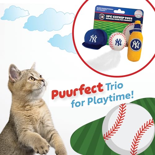 BEST PLUSH CAT TOY - MLB NEW YORK YANKEES Complete Set of 3 piece Cat Toys filled with Fresh Catnip. Incl: 1 Baseball Cap Cat Toy, 1 Baseball Cat Toy with Feathers & 1 Beer Bottle. Beautiful Team LOGO - color: New York Yankees