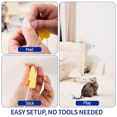 Hanging Cat Toy for Door - Self Play Interactive Toy with XL Mouse & Fish on Extra-Long Elastic Cord (up to 77"), Includes 2 Extra Pre-Assembled Cords & No-Drill Hook for Indoor Cats
