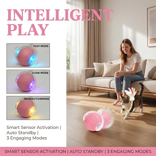 Interactive Cat Toy Ball, Automatic Rolling Toy, 3 Play Modes Rechargeable - color: Maple red