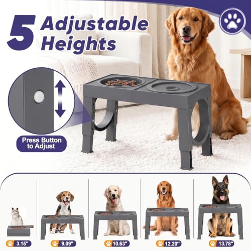 XIAZ Elevated Dog Bowls Large Breed Raised Dogs Bowl Stand Large/Medium Sized Dog Slow Feeder Dogs Bowls Food Water Stands 5 Heights Adjustable 9/11/12/14in Pet Feeder Dish Station - color: D-Grey