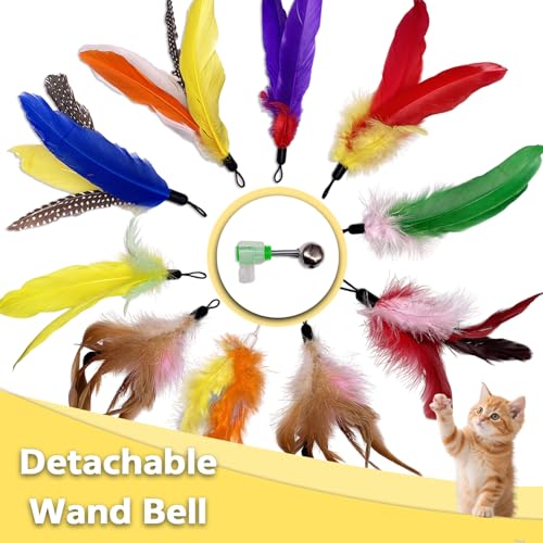 10 Pieces Cat Feather Toy Refills,Cat Wand Replacement Feathers Toys with Clip & Removable Bell,Wand Attachment Feather Toys for Indoor Cats (10 Pcs Feathers) - color: 10 Pcs Feathers