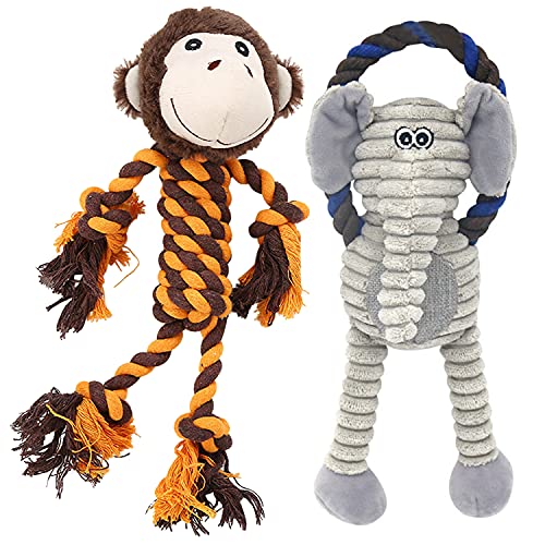 Monkey Rope Dog Toy, Plush Elephant Squeaky Dog Toy, 2 Pack - color: Brown & Grey