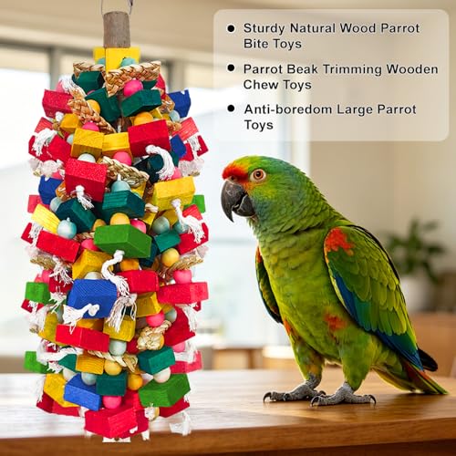 Extra Large Bird Toys for Macaws Cockatoos Amazons Chew - Natural Wood Parrot Chewing Toy with Foraging, Bird Cage Activity Center - color: Colorful Wooden Blocks