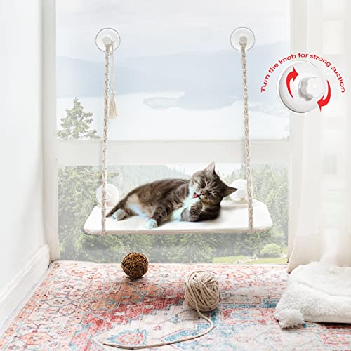 Mkono Cat Window Perch Macrame Boho Cat Hammock Wall Mounted Cat Bed for Indoor Cat, Pet Resting Seat Safety Space Saving Cat Shelves with Screw Suction Cups