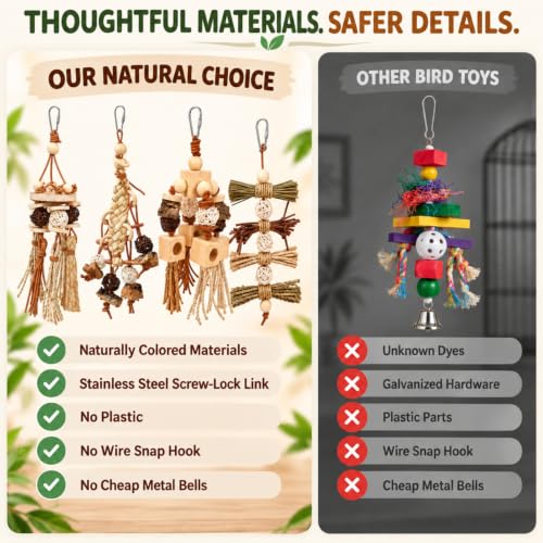 4 Pack Natural Bird Toys for Parrots, Parakeets & Cockatiels - Wood, Cork Bark, Raffia & Corn Husk Chew Set - Foraging Shredding Toys for Budgies, Conures, Lovebirds & Small Birds