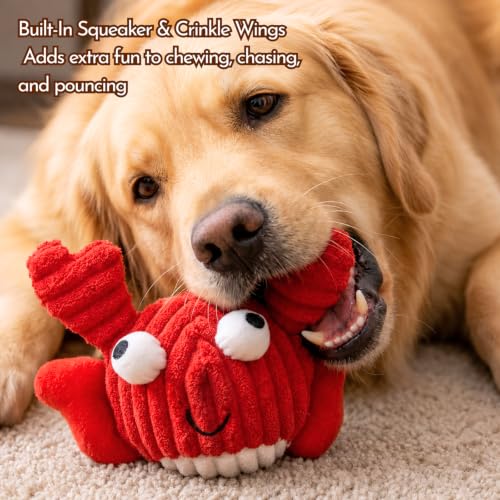 Crab Plush Dog Toy, 2-in-1 Rip & Reveal Interactive Dog Toy with Squeaky Spiky Ball Inside, Crinkle Wings, Soft Plush Chew Toy for Small Medium Large Dogs - color: Red